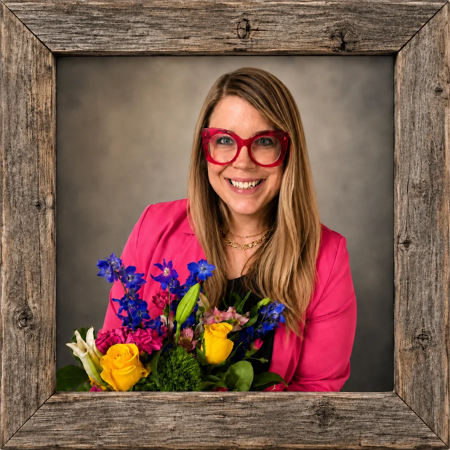 Mariah Gibson, smiling in red glasses and a pink blazer, holding a bright bouquet — in a reclaimed barnwood frame